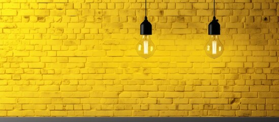 Wall Mural - Two light bulbs are suspended from the ceiling in front of a yellow brick wall, casting a warm Amber glow. The contrast with the Wood Flooring and Metal accents creates a beautiful composition