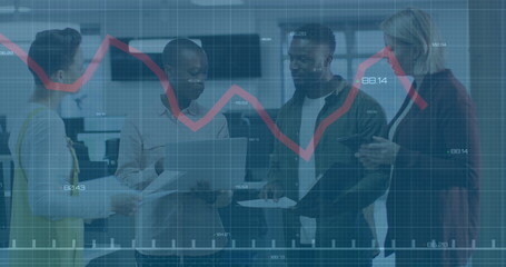 Poster - Image of financial data processing over diverse business people in office