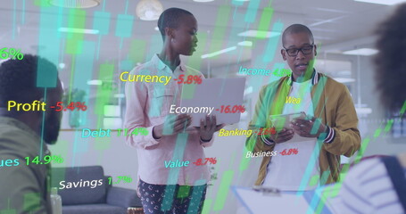 Poster - Image of data processing over diverse business people at office