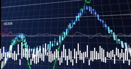 Poster - Image of data processing over grid on blue background