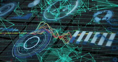 Poster - Digitally generated image of colorful waves with connecting dots and computer graphic