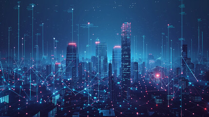 Modern city with wireless network connection and cityscape concept Wireless network and Connection technology concept with city background at night (2)