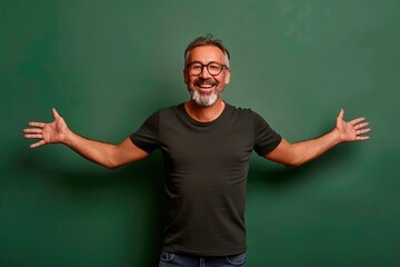 Wall Mural - A man with glasses is smiling and holding his arms out to the side