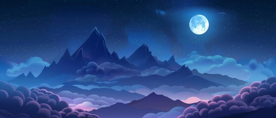 Wall Mural - An illustration of high rocky mountains on hazy blue skies at night with a full moon rising behind cloudy clouds. Cartoon modern illustration of dark dusk landscapes with stone hill peaks, haze, and