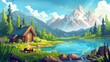 Landscape of rocky mountains and lake with wooden hut and campfire. Cartoon modern illustration of wood cottage near water pond for camping and outdoor recreation.