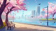 © Mark - An urban park alley in spring with benches, lanterns, pink cherry blossom trees, modern buildings on the opposite riverbank, and birds flying in blue sky. Modern cartoon illustration.