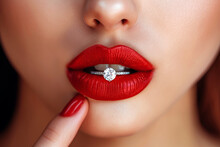 Gold Jeweled Diamond Ring In A Woman Lips Painted A Red Lipstick Close Up. Selfish Mercantile Girl Escort