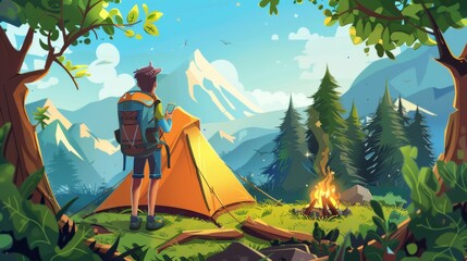 Wall Mural - During the summer, a cartoon summer landscape with camping tourists near mountains shows a young boy with a backpack and gear, looking at his phone in the forest near a tent on a wooden patio and a