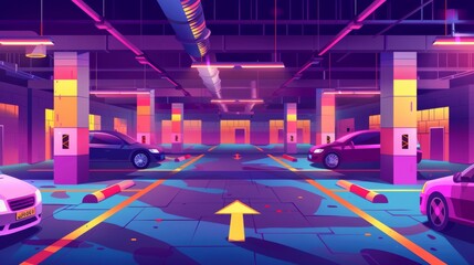 Wall Mural - An underground parking lot with markings, asphalt floor, and columns. Cartoon modern illustration of parked cars. Direction arrows and lights.