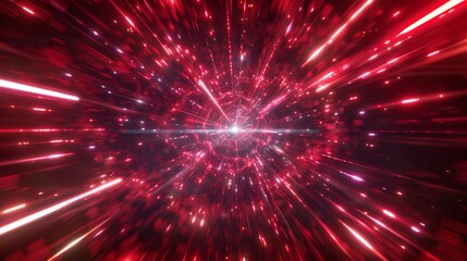 Wall Mural - In hyperspace, a circular perspective tunnel gets emitted by a high speed warp of red light with a radial burst. Realistic modern illustration of space travel pattern with neon glowing effect.