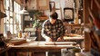 A wood designer meticulously measures and marks wooden planks in a sunlit, cozy workshop. The concept highlights the precision and focus required in bespoke woodworking.