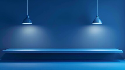 Poster - The mockup of a gallery or exhibition studio podium has a blue wall with two empty shelves and hanging light lamps for product display. A realistic modern illustration of a platform illuminated by a