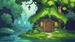 In this cartoon modern small fantastic elf or dwarf hut, we see a tiny wood fairytale gnome magic house with a grass-covered roof, one door, a window, and a hanging lantern. The hut is positioned on