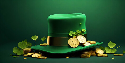 Green happy St. Patrick's Day sign background with a leprechaun green shamrock hat full of gold coins and clover symbol in a green background ai generative