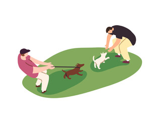 Wall Mural - People walk dogs. Fluffy puppy pulls leash, leads owner to meeting with another pup. Pet sitters stroll doggies in park. Person talk to cute domestic animal. Flat isolated vector illustration on white
