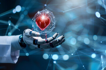 Wall Mural - Medicine robot doctor holding red heart shape in hand with medical icon network connection modern virtual screen interface, service mind and medical technology network concept