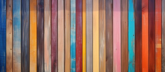 Poster - An artistic arrangement of colorful wooden sticks in magenta, electric blue, and peach hues on shelving, creating a symmetrical pattern with tints and shades in visual arts