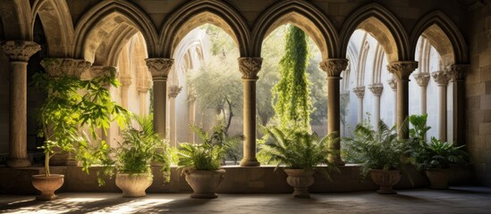 Canvas Print - A building with arched windows overlooking potted plants creating a natural and artistic facade with a touch of nature inside