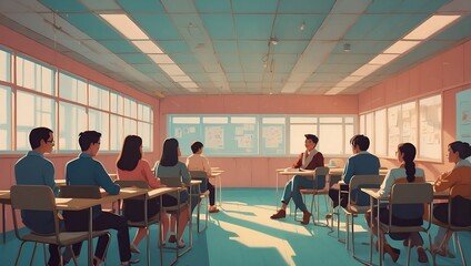 Wall Mural - illustration of students sitting in a class being taught a language by their teacher