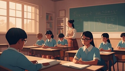 Wall Mural - illustration of students sitting in a class being taught a language by their teacher