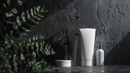 Wall Mural - white and black cosmetic cosmetic skincare products. Shampoo, oil, butter, and conditioner. Realistic cosmetics product bottles, tubes, and plastic containers. Product placement mock-up