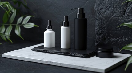 Wall Mural - white and black cosmetic cosmetic skincare products. Shampoo, oil, butter, and conditioner. Realistic cosmetics product bottles, tubes, and plastic containers. Product placement mock-up