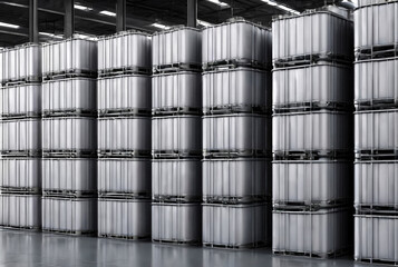 Wall Mural - Racks of liquid container stored in industry warehouse storage of chemical liquids. Storage plastic cans in factory warehouse. Concept of industrial warehousing and storage of goods. Copy text space