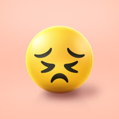 Defeated and persevering Emoji stress ball on shiny floor. 3D emoticon isolated.