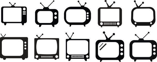 Fototapete - Set of Retro Tv Icons in Fill styles isolated on transparent background. Television symbols template for graphic and web designs illustration. Old TV with antenna. Video channel business concepts.