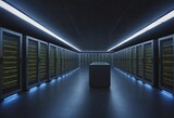 Fototapeta Londyn - Futuristic background image of rack server with blinking lights in supercomputer, copy space