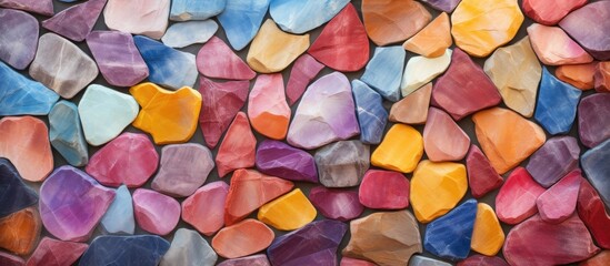 Sticker - A closeup of a vibrant wall made of colorful rocks in shades of pink, magenta, and electric blue, creating a beautiful pattern. A work of art using building material creatively