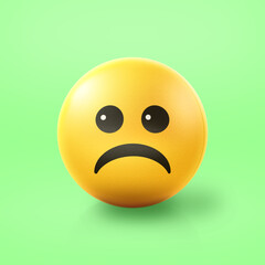 Sad Emoji stress ball on shiny floor. 3D emoticon isolated.