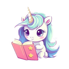 Poster - Cartoon unicorn with a book, cute children's illustration for books and covers, baby card