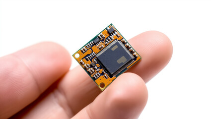 Poster - Close-up of Hand Grasping Microchip, White Scene