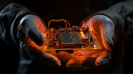 Poster - Gloved hand carefully holding AI computer microcircuits