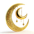 Glossy yellow 3d crescent moon realistic style rendering. golden crescent moon isolated on a white background. Vector illustration