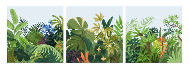 Poster - Green botanical cards set. Spring greenery, tropical nature, leaves, summer flowers, lush plants, eco square postcards. Floral backgrounds, thickets, garden, vegetation. Flat vector illustrations