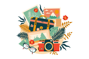 Wall Mural - Card in vintage new nostalgia collage style. Travel concept. Collage from travel elements. Retro vector illustration in flat style.