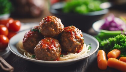 Wall Mural - view of some meatballs with vegetables background image