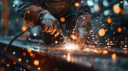 Industrial worker working with arc welding machine to weld steel in factory