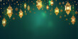 A Ramadan-themed background in green hues, enhanced with elegant golden lanterns