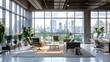 Industrial Modern Office Space with Panoramic City Skyline Views and Greenery
