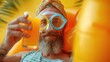 Man in Snorkel Glasses Toasting Summer Fun,  jovial man with a full beard, wearing snorkel glasses and a straw hat, cheerfully holds up a drink while floating on an orange inflatable