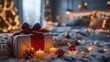 Festive Holiday Gift Surrounded by Warm Candlelight, beautifully wrapped present sits among candles, invoking the spirit of the holidays with a cozy and festive atmosphere