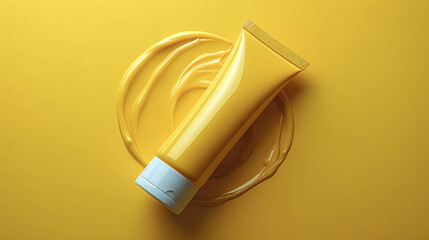 Poster - Yellow tube of cream on a yellow background, top view.