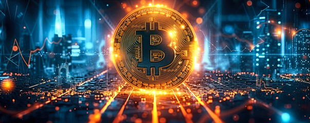 Poster - vibrant bitcoin symbol rising from a futuristic cityscape, representing the surge of cryptocurrency 