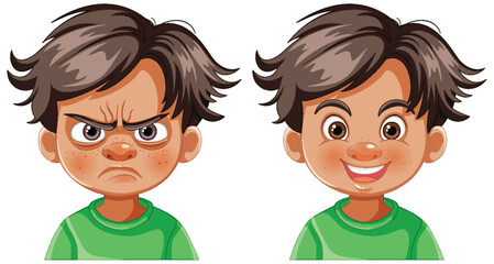 Wall Mural - Vector illustration of contrasting emotions on boy's face