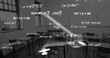 Image of compass icon and mathematical equations over empty classroom
