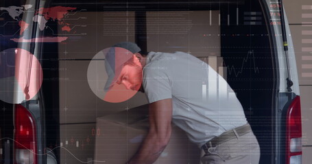 Poster - Image of statistics and financial data processing over delivery man and van