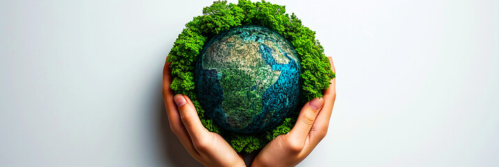 Wall Mural - Closeup image of a child's hand holding a forest and an earth-like sphere..